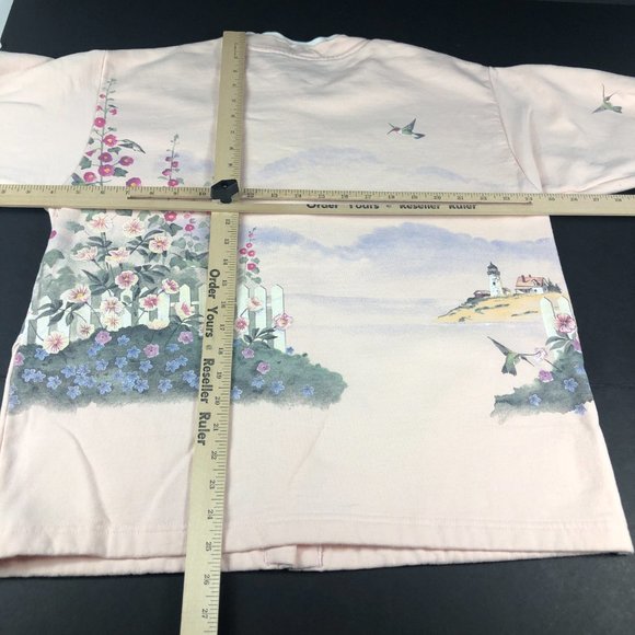 VTG Artisans Floral Light House Button Up Sweater Adult Medium Pink Nature Birds - Picture 9 of 11
